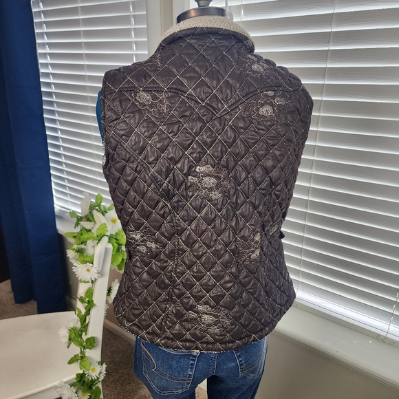 Cowgirl Up Windbreaker Zip Vest Brown Flower Sparkle Sz Large - Picture 5 of 7